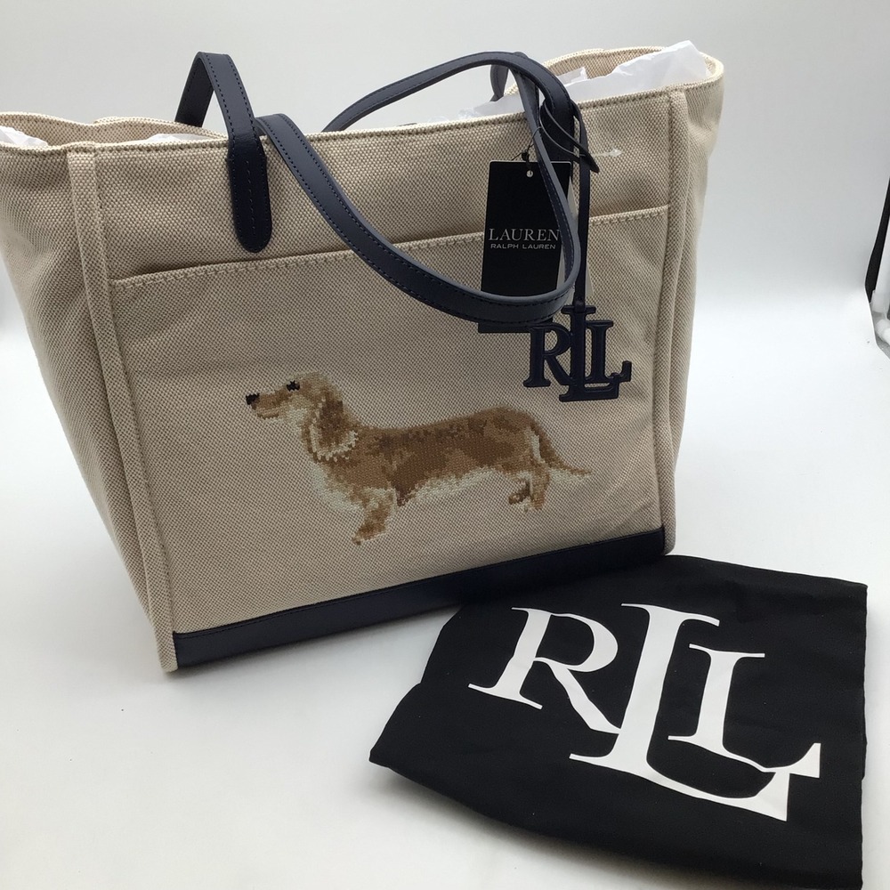 Lauren Ralph Lauren Dachshund Canvas Tote Bag Beige Navy Blue 431P13256001 NWT